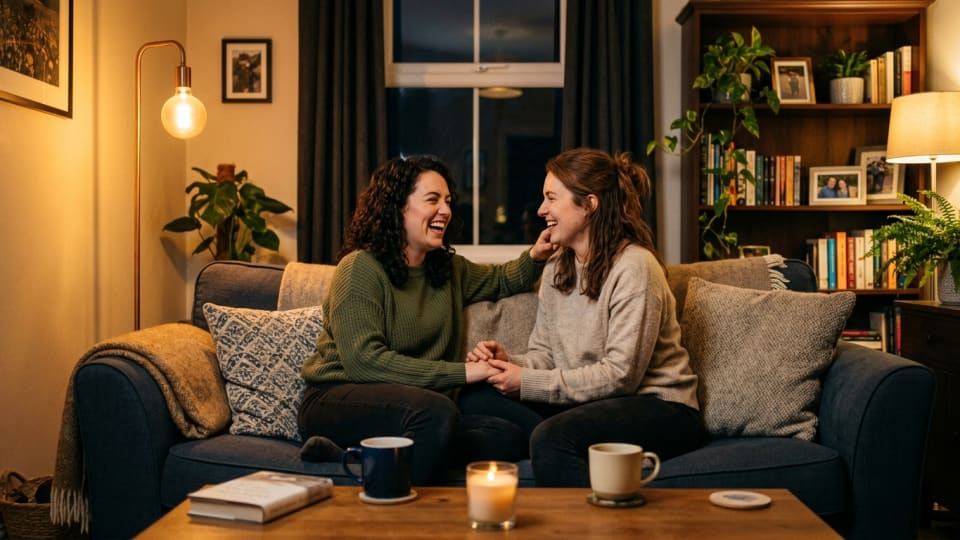 A same sex female couple sitting together on a sofa in a cosy living room in the evening, no phones in sight, talking and laughing together, warm lamp light, relaxed and connected mood
