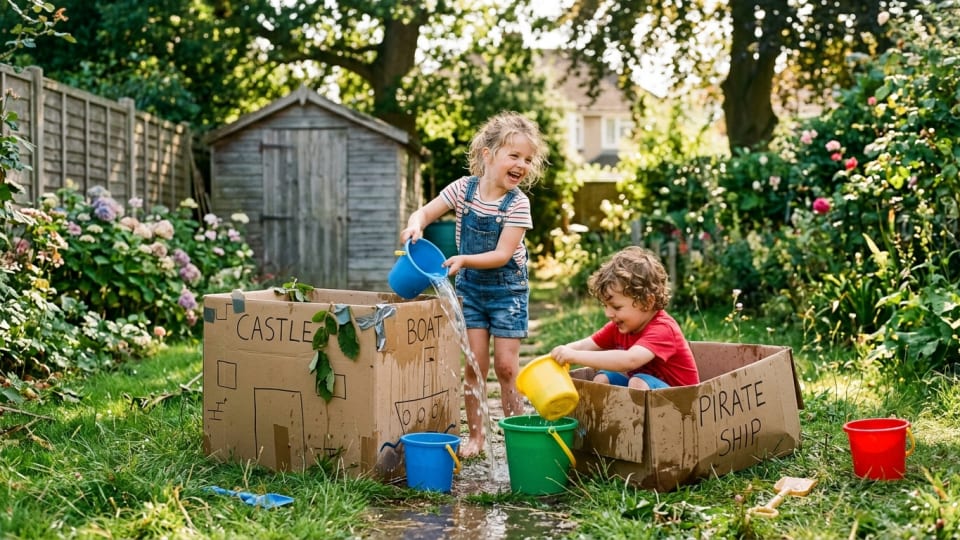 Two young children playing imaginatively outdoors in a back garden with simple props like cardboard boxes and buckets of water, sunny day, candid and joyful