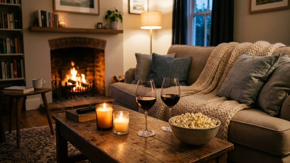 A warm, intimate home setup with two glasses of wine or mocktails, a bowl of popcorn, candles lit and a blanket draped over a sofa, cosy evening atmosphere, no people visible