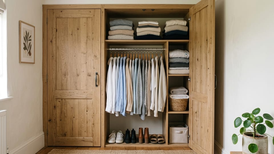 A calm, organised smallbedroom wardrobe with neatly folded and hung clothes. One wardrode door open. bed not visible