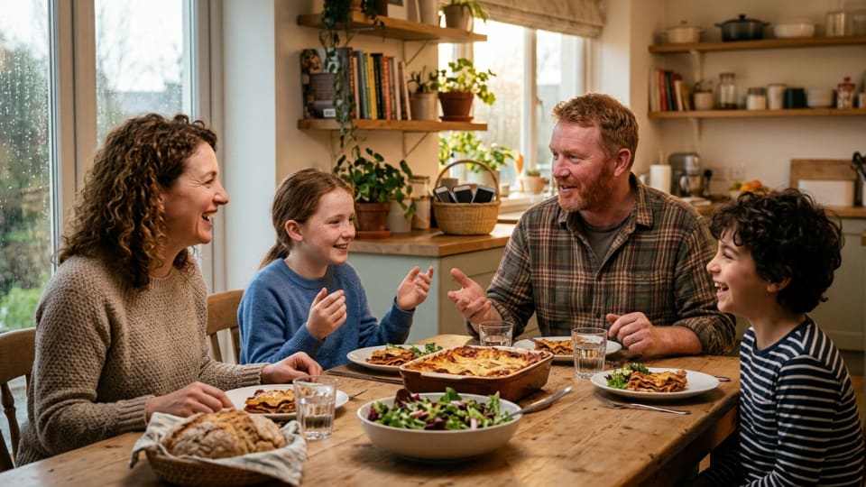 A relaxed italian irish family of four having dinner together at a dining table, phones placed in a small basket on counter at other side of the room , warm evening light, smiling and chatting, realistic and cosy home setting. natural looking, no flags or branding or text