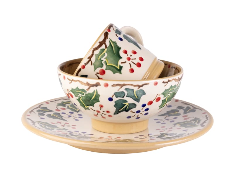 Hand-painted ceramic Christmas dinnerware set with holly and berry pattern - plate, bowl and mug