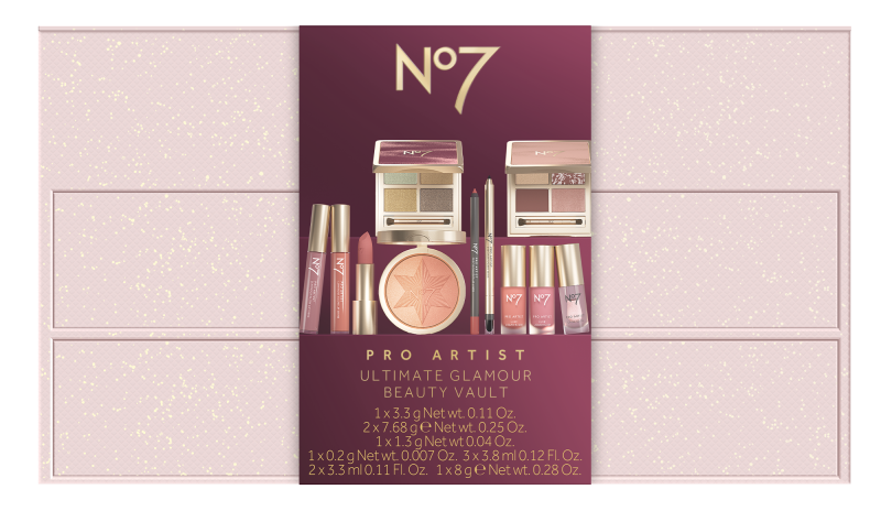 No7 Pro Artist Ultimate Glamour Beauty Vault gift set with eyeshadow palettes, lipstick, powder and makeup products