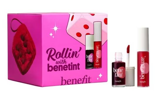 Benefit Rollin' with Benetint gift set featuring mini benetint and beneglaze lip products in pink box