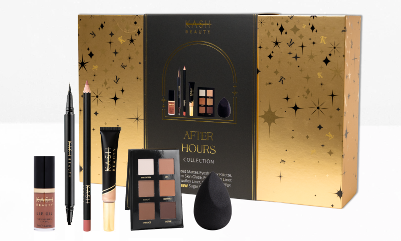 Kash Beauty After Hours Collection makeup gift set with eyeshadow palette, lip oil, liners, skin glaze and sponge