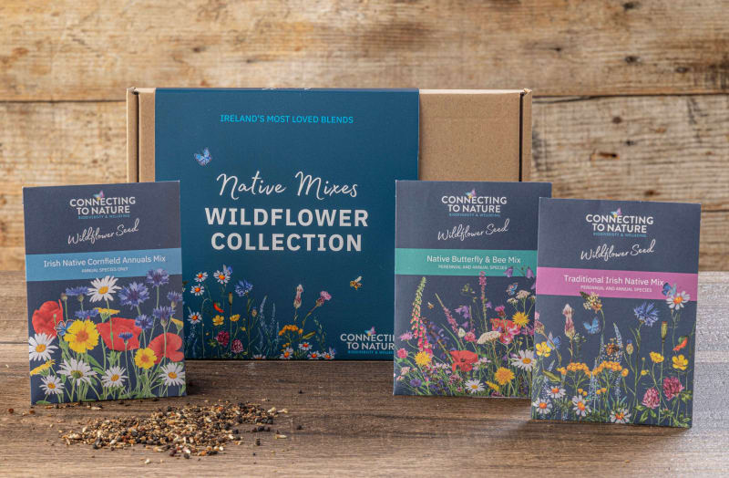 Native Mixes Wildflower Collection box set with three wildflower seed packets displayed on wooden surface