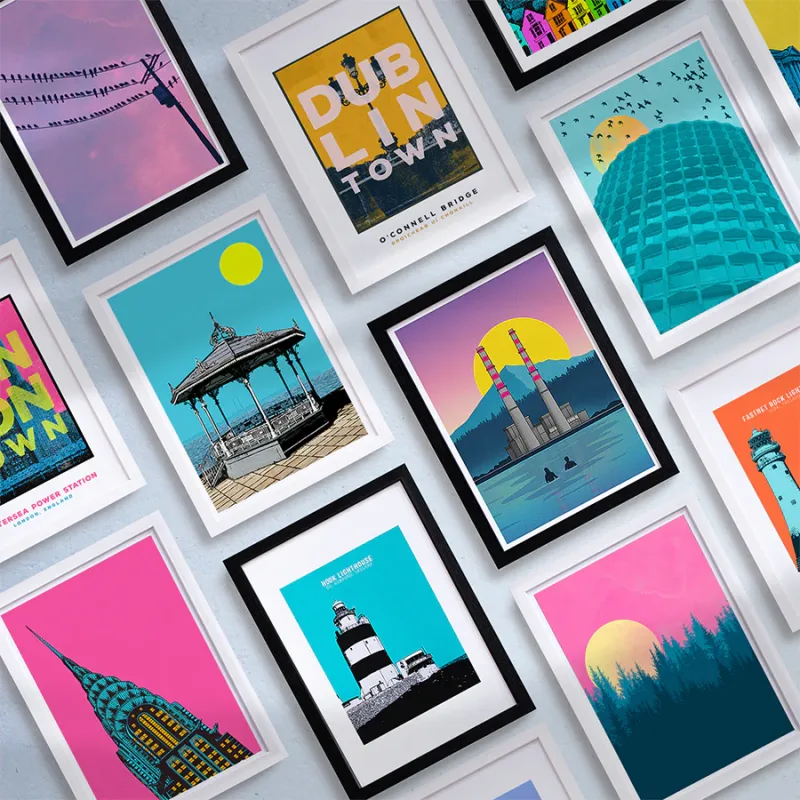 Collection of colorful framed art prints featuring Dublin and Irish landmarks in bold retro illustration style