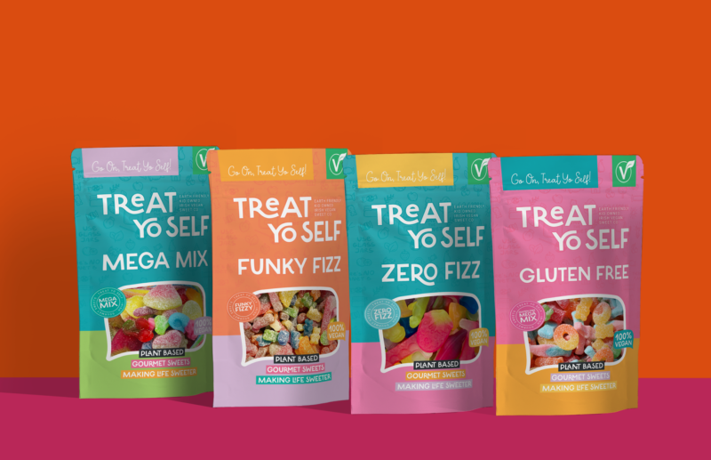 Treat Yo Self plant-based gourmet sweets in four varieties: Mega Mix, Funky Fizz, Zero Fizz, and Gluten Free