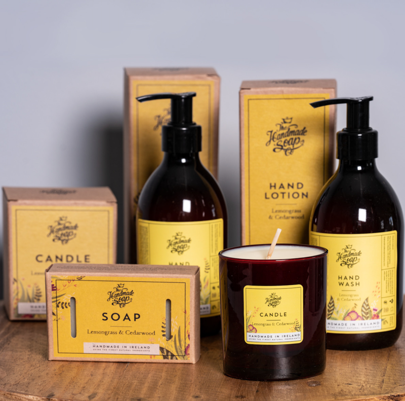 The Handmade Soap Company Lemongrass & Cedarwood collection including soap, candle, hand wash and lotion
