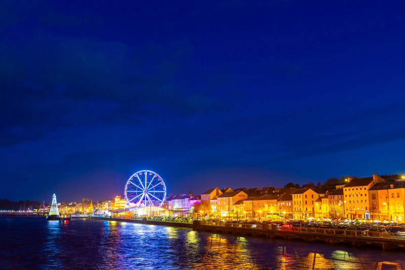 Illuminated Ferris wheel and Christmas tree on a waterfront at night with colorful building reflections