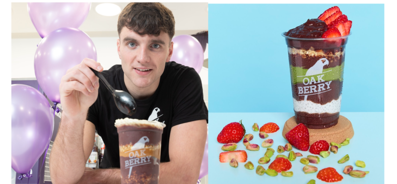 Man in black Oak Berry t-shirt holding spoon and açaí cup, with product shot of layered açaí bowl