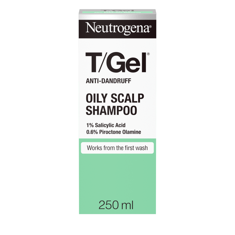 Neutrogena T/Gel Anti-Dandruff Oily Scalp Shampoo box, 250ml with salicylic acid