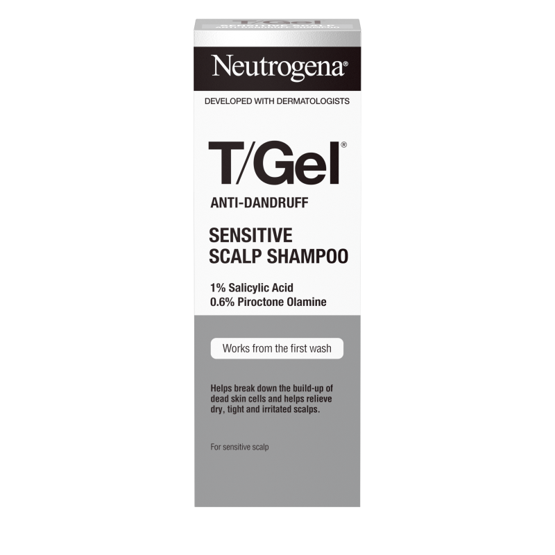 Neutrogena T/Gel Anti-Dandruff Sensitive Scalp Shampoo box with 1% Salicylic Acid and 0.6% Piroctone Olamine