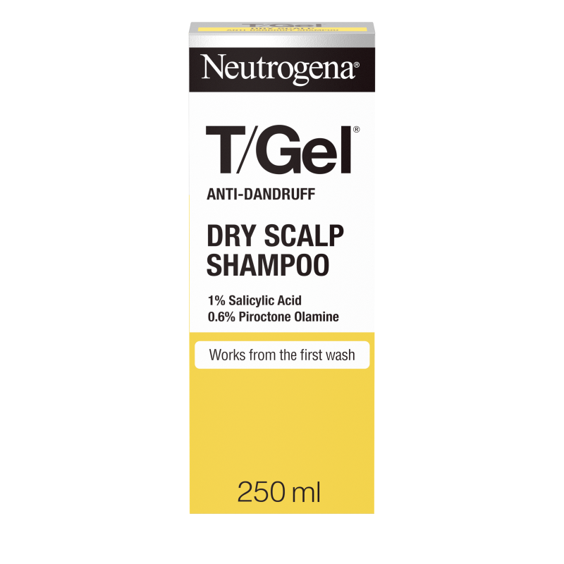 Neutrogena T/Gel Anti-Dandruff Dry Scalp Shampoo box, 250ml with salicylic acid and piroctone olamine
