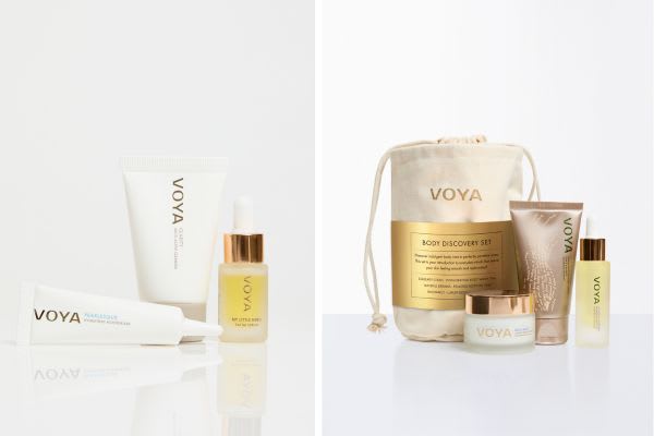 VOYA skincare products including My Little Hero serum, Pearlesque cream and Body Discovery Set gift bag