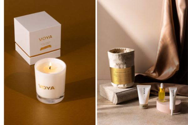 VOYA candle with gift box and VOYA skincare set with pouch bag, oils and creams
