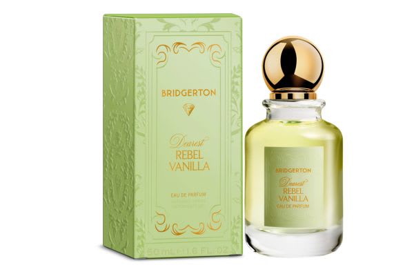 Bridgerton Dearest Rebel Vanilla Eau de Parfum bottle with gold cap and mint green box