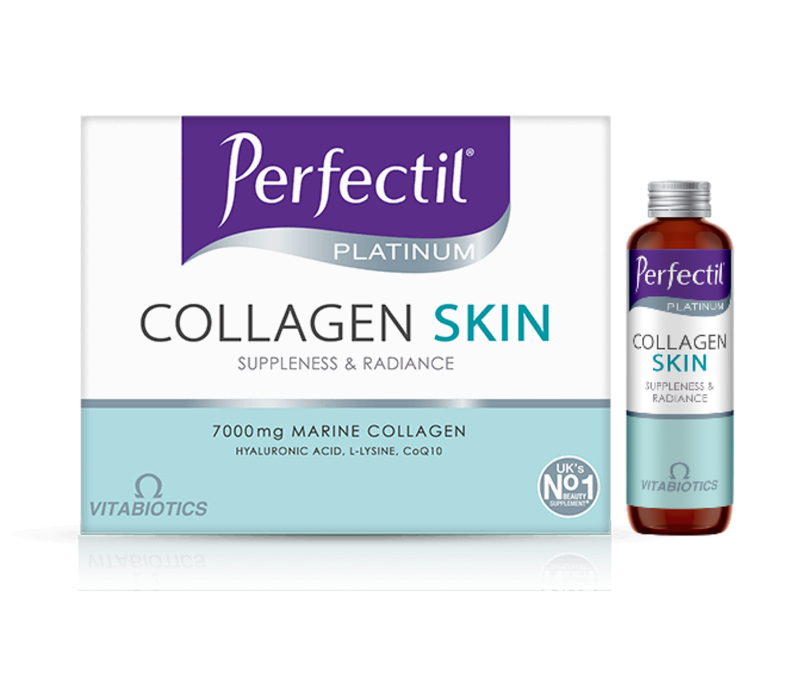 Perfectil Platinum Collagen Skin supplement box and bottle with marine collagen for skin suppleness