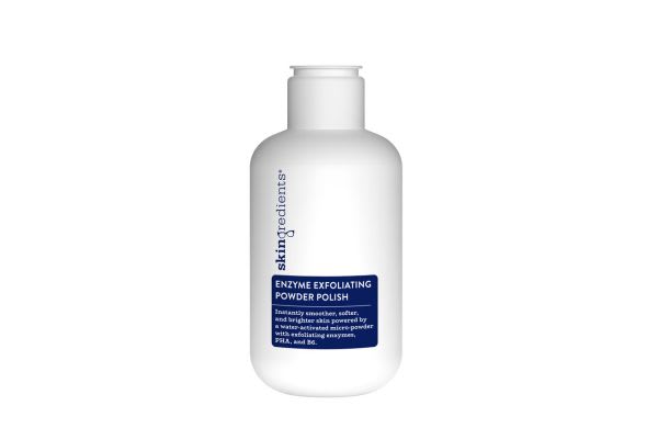 Skingredients Enzyme Exfoliating Powder Polish in white bottle with navy blue label