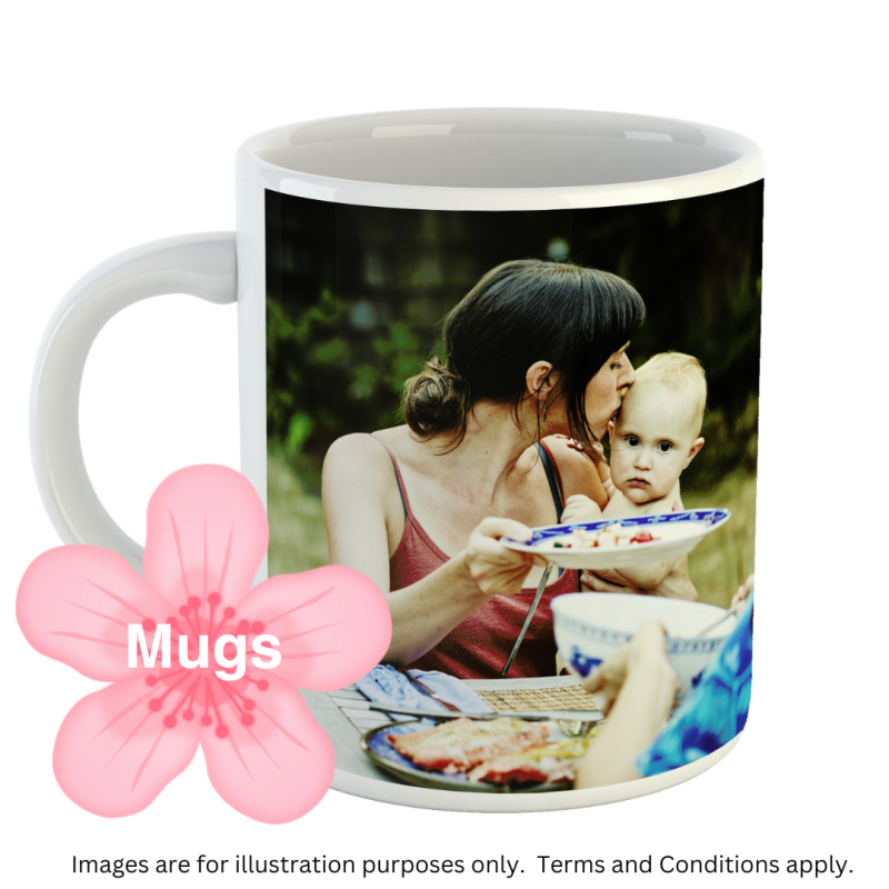 Personalised photo mug with heart-shaped handle showing mother and child image