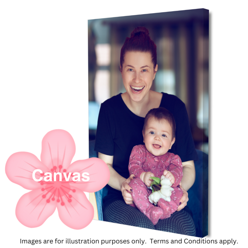 Canvas print of smiling woman holding happy baby in pink outfit with white flowers