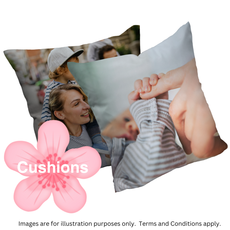 Two personalised photo cushions showing family moments - one with mother and child outdoors, another with baby hands