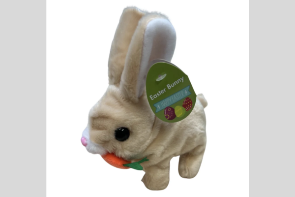 Cream plush Easter Bunny toy with carrot accessory and Happy Easter product tag