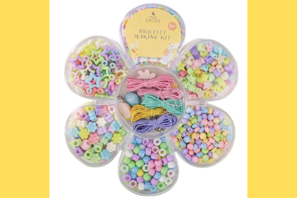 Easter Bracelet Making Kit in flower-shaped container with pastel beads and colorful elastic cords