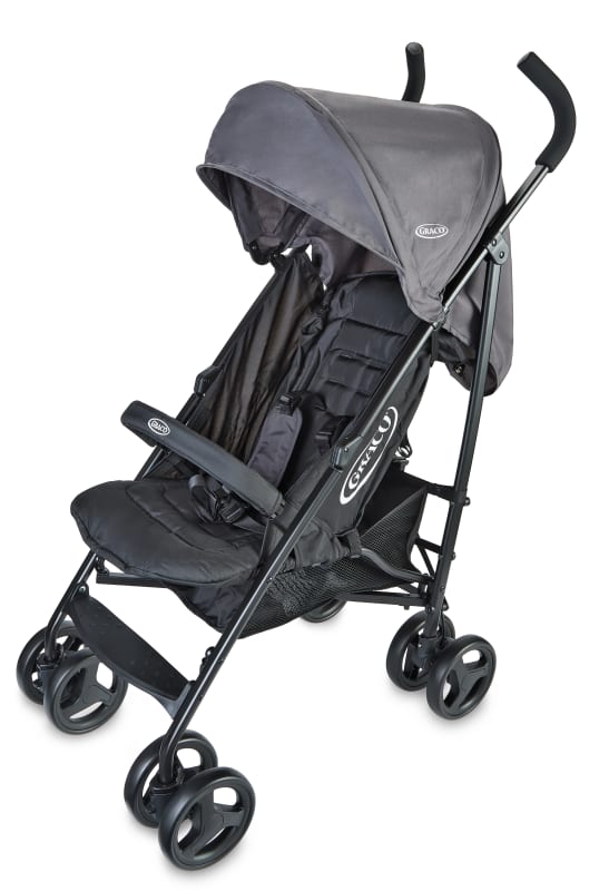 Grey Graco stroller with black frame and adjustable canopy