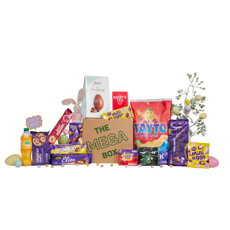 Easter Mega Box gift set with chocolates, candy, tea, crisps and Easter decorations arranged on white background