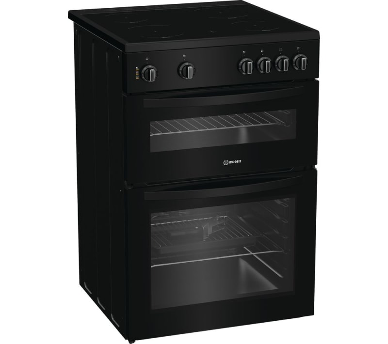 Black Indesit electric ceramic cooker with double oven and 6 control knobs
