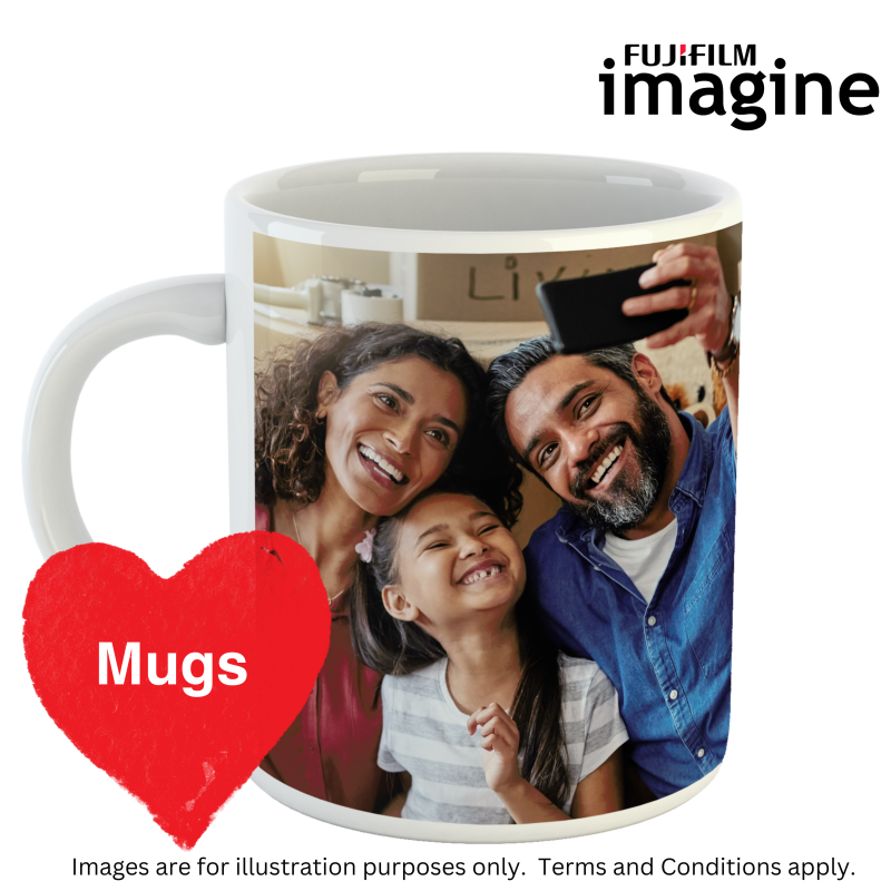 White personalised photo mug printed with a family selfie, from Fujifilm Imagine.