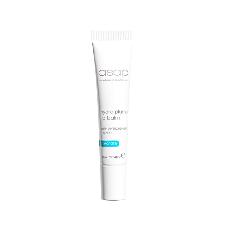 asap Hydra Plump Lip Balm 10mL white tube with SPF15 and antioxidants on white background.