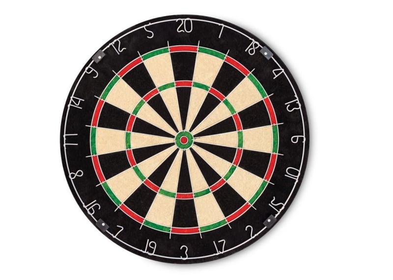 Standard bristle dartboard with numbered segments, red and green scoring rings, and central bullseye.