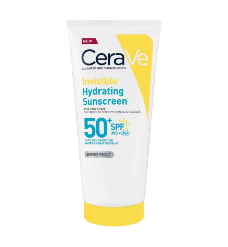 CeraVe Invisible Hydrating Sunscreen SPF 50+ tube for body and face, no white residue, 177ml.