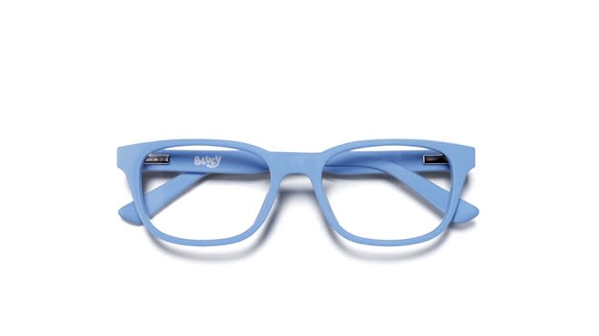Bluey-branded kids' square eyeglass frames in matte light blue, folded, on white background.