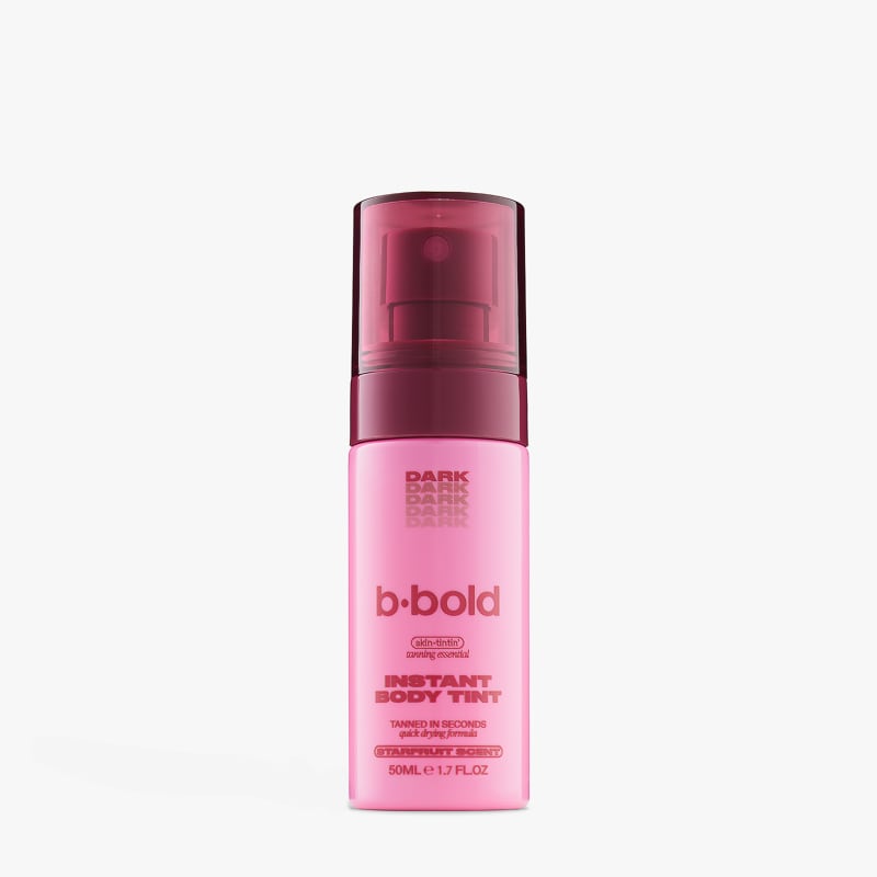 b·bold Instant Body Tint in Dark shade, 50ml pink pump bottle with starfruit scent.