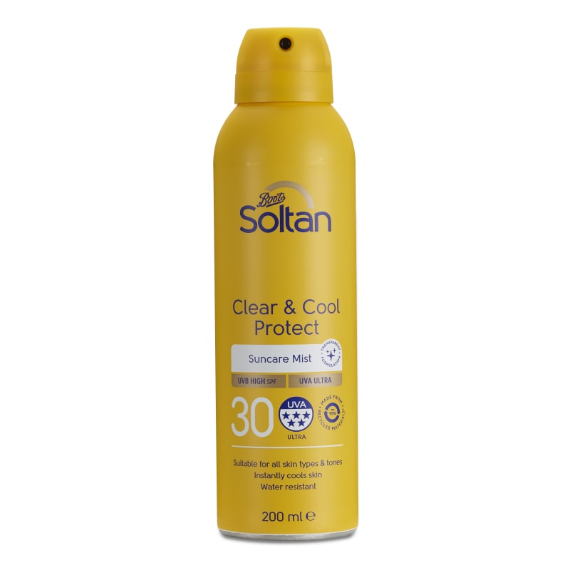 Boots Soltan Clear & Cool Protect Suncare Mist SPF 30 UVA Ultra, 200ml yellow aerosol spray can.