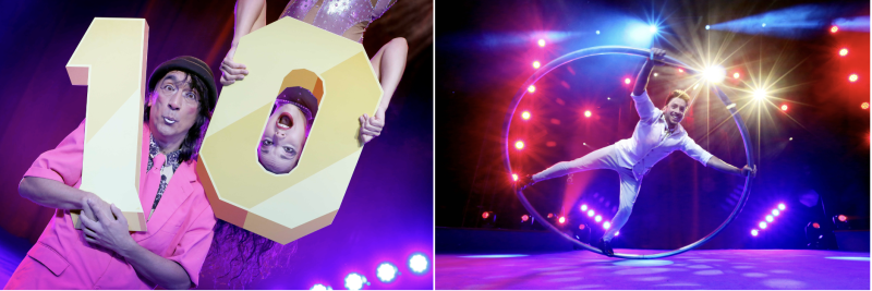 Circus performers on stage: a clown with a '10' prop and an acrobat inside a spinning cyr wheel.