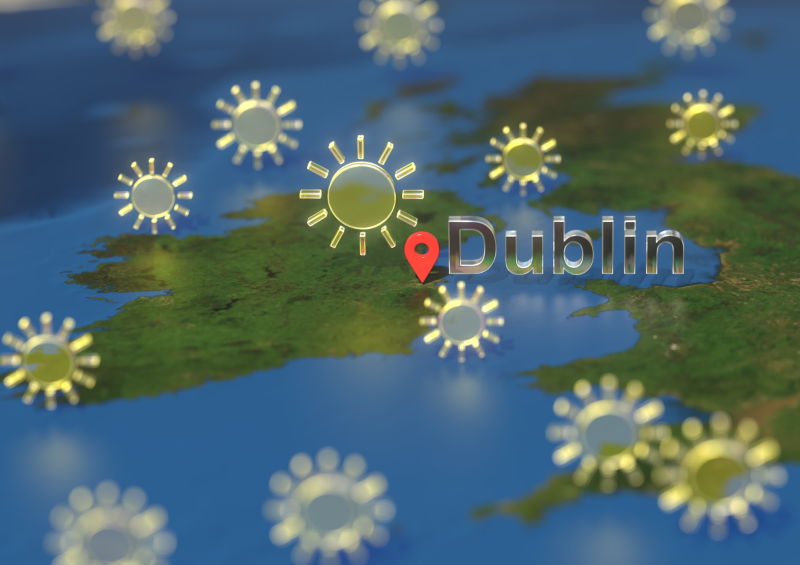 3D weather map of Ireland and Britain with sun icons and a red pin marking Dublin.