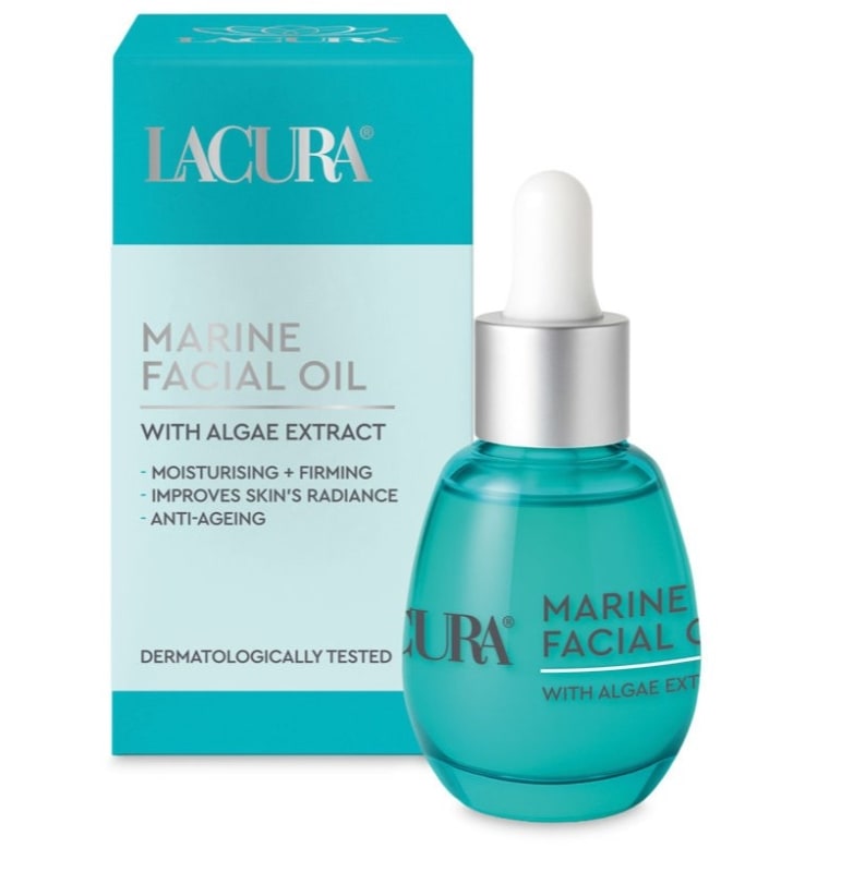 Lacura Marine Facial Oil with Algae Extract dropper bottle and box in teal packaging.