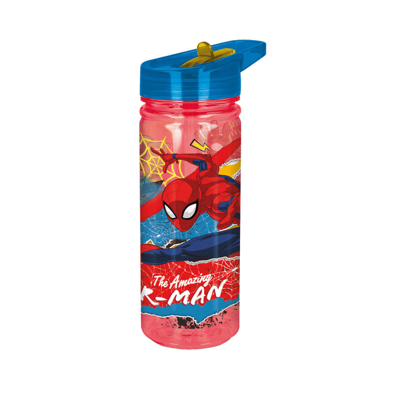 Spider-Man themed red plastic water bottle 580ml with blue flip-top lid and comic-style graphic.