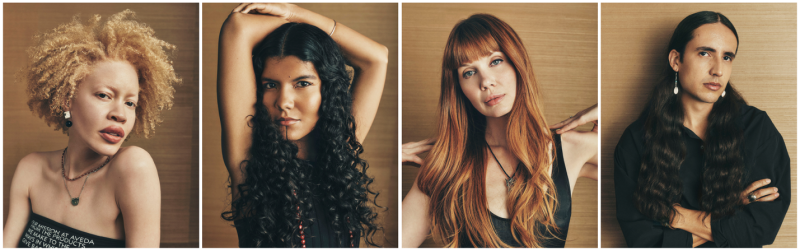 Four diverse portrait models showcasing a range of hair types and textures for Aveda hair care.