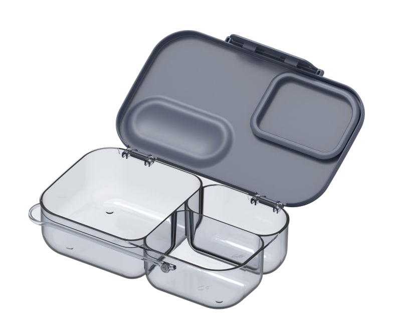 Open bento lunch box with dark grey lid and clear 3-compartment base, shown on white background.