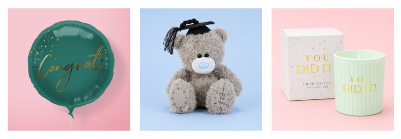 Graduation gift set: Congrats foil balloon, Me To You graduation bear, and You Did It Crisp Cotton candle.