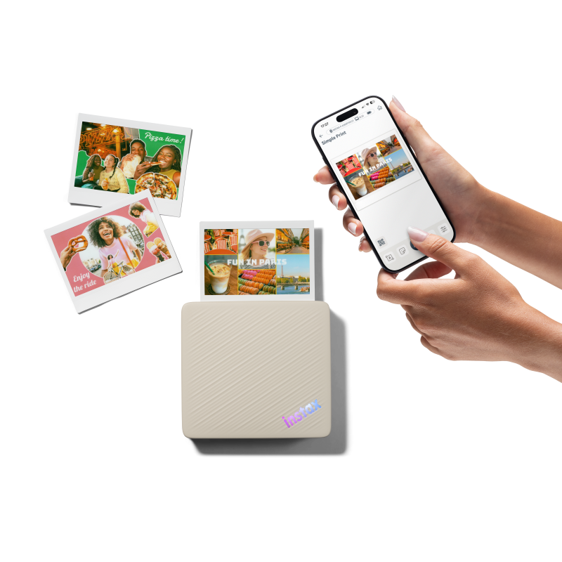 Instax Link Wide 2 Duo Beige portable photo printer ejecting a collage print, alongside printed photos and a smartphone app.