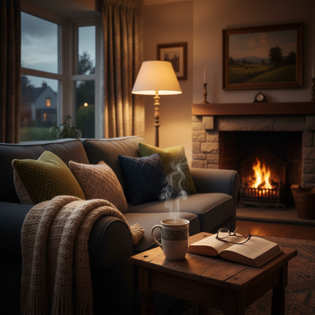 Cozy living room scene with a steaming mug of tea on a side table next to an open book, soft lamp lighting, cushions on a sofa, peaceful evening atmosphere, warm Irish home interior  <p>If you're like