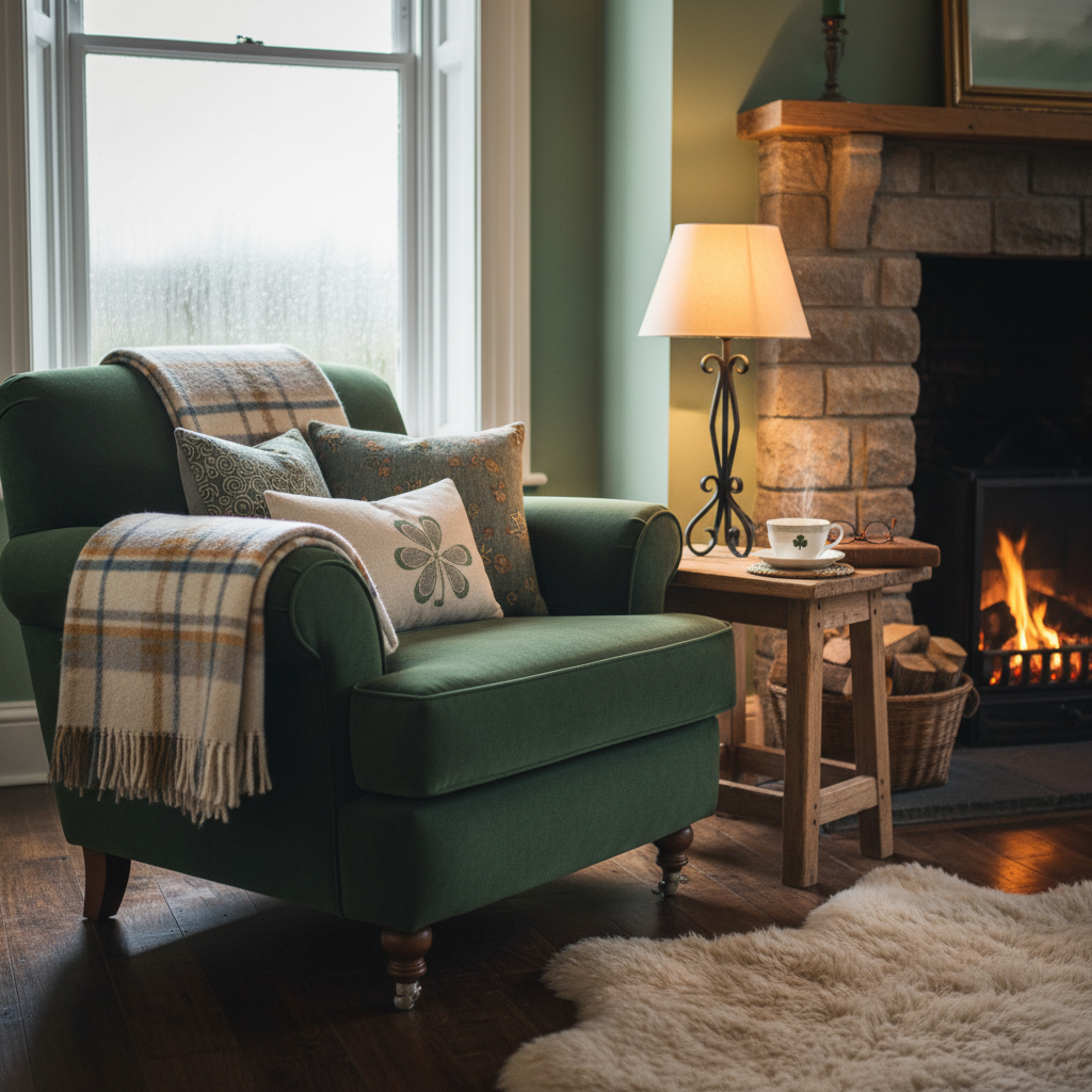 Comfortable Irish living room corner with a soft armchair, small side table with a cup of tea, warm lighting from a table lamp, cozy atmosphere suggesting peaceful me-time