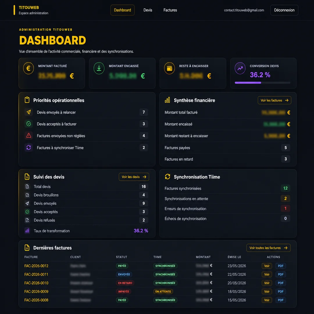Exemple de dashboard métier développé par TitouWeb