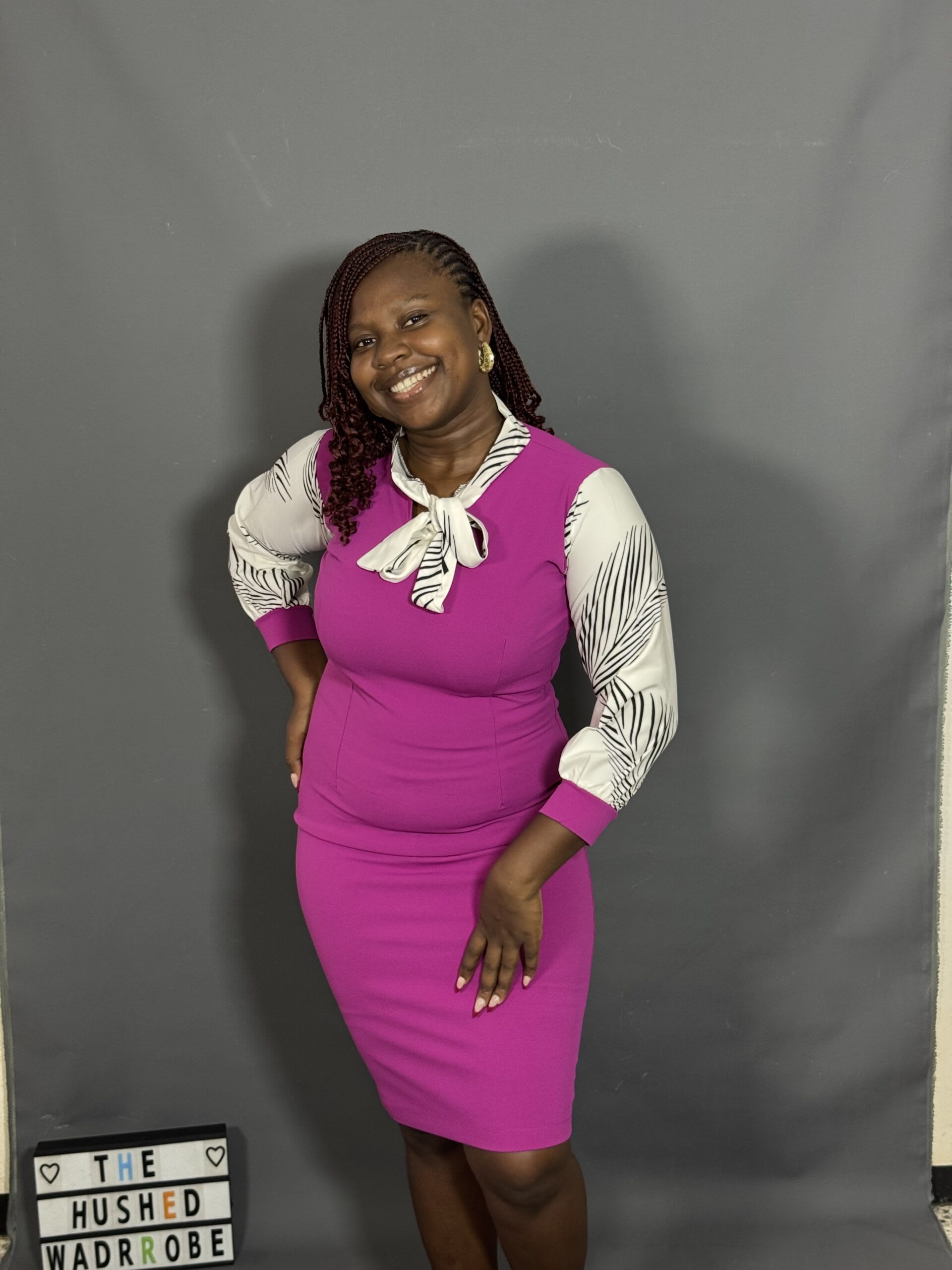 Hot Pink Dress with Striped Sleeves & Bow Detail - Image 2